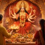 अम्बे माता की आरती करते हुए भक्त और दीपक