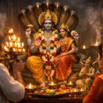 भगवान विष्णु की आरती करते हुए भक्त और दीपक पूजा