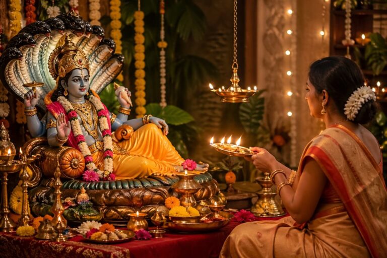 एकादशी के दिन भगवान विष्णु की आरती करते हुए भक्त