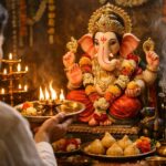श्री गणेश जी की आरती करते हुए भक्त दीपक के साथ