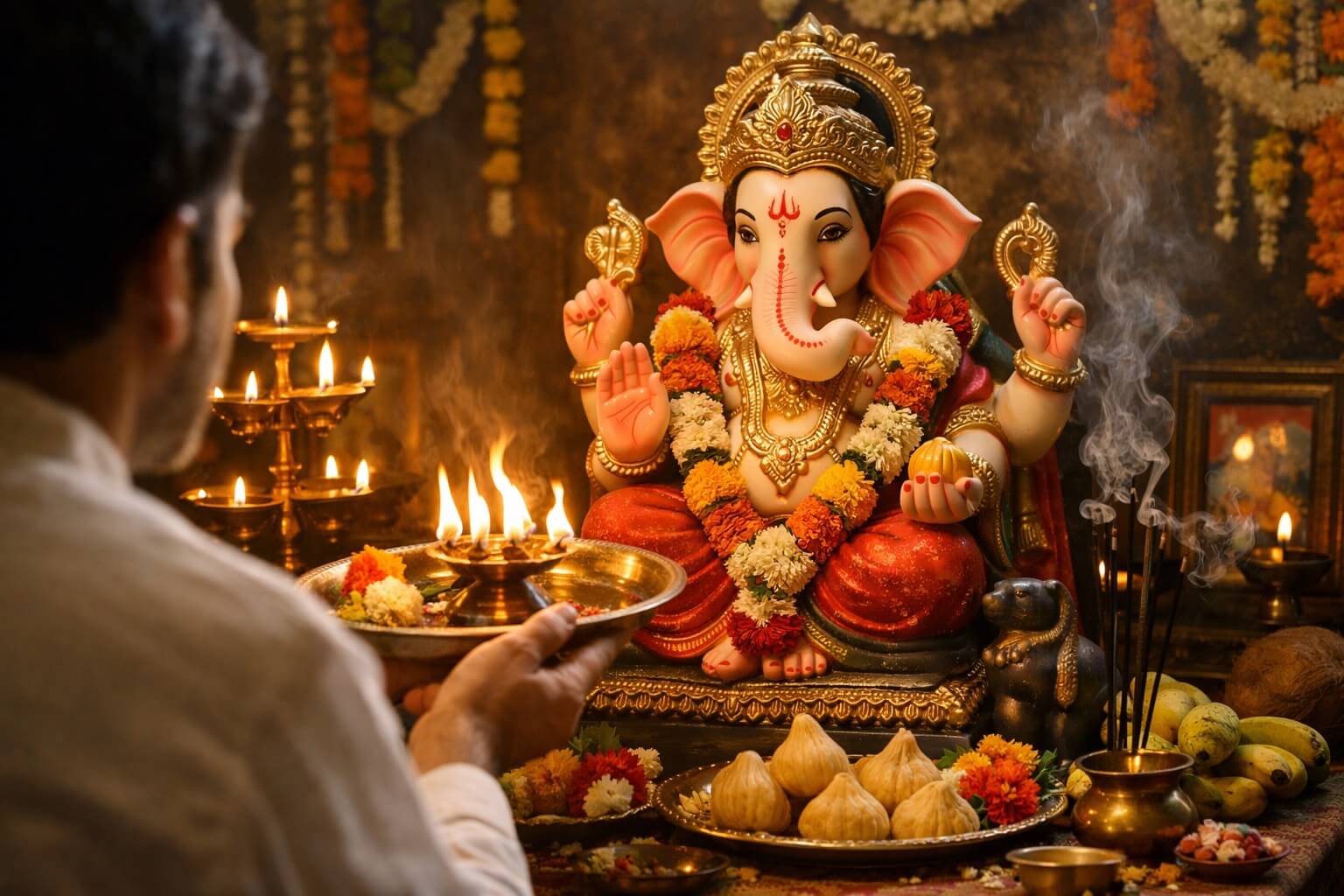 श्री गणेश जी की आरती करते हुए भक्त दीपक के साथ