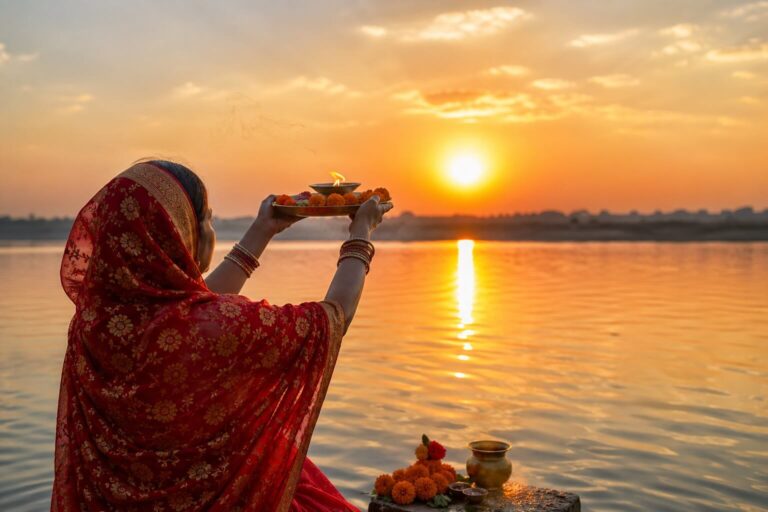 जितिया व्रत के दौरान सूर्योदय के समय माता द्वारा सूर्य देव की आरती करते हुए दृश्य