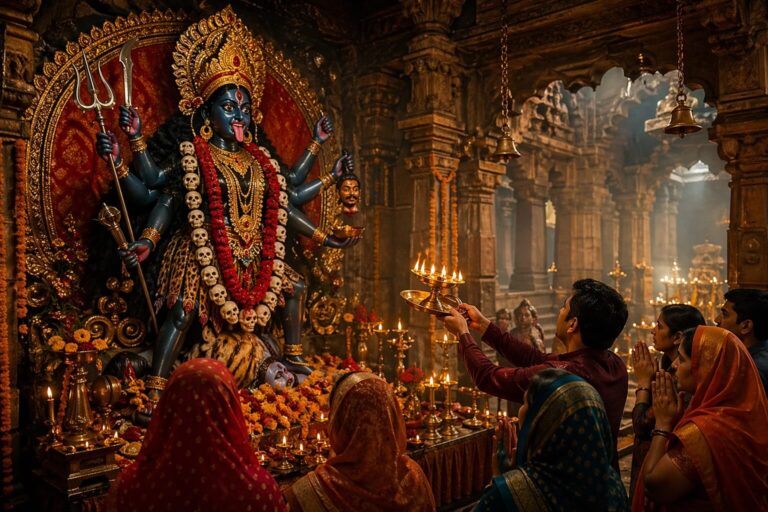महा काली माता की आरती करते हुए श्रद्धालु और दीपक का दृश्य