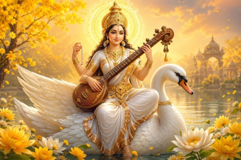वीणा बजाती हुई माँ सरस्वती, हंस पर बैठी देवी का दिव्य स्वरूप