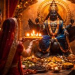 शनिदेव आरती करते हुए भक्त और तिल तेल दीपक