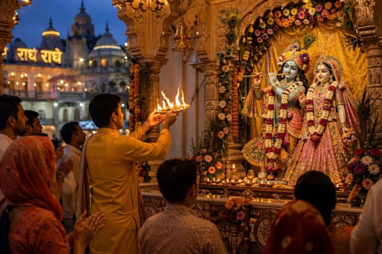 दीपक के साथ श्री कृष्ण जी की आरती करते हुए भक्तों का दृश्य