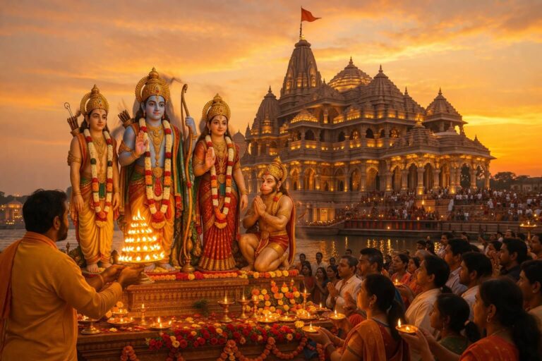 दीपक के साथ भगवान राम, सीता, लक्ष्मण और हनुमान की आरती करते भक्त