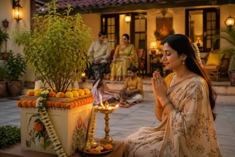 तुलसी माता की आरती करते हुए दीपक के साथ तुलसी का पौधा