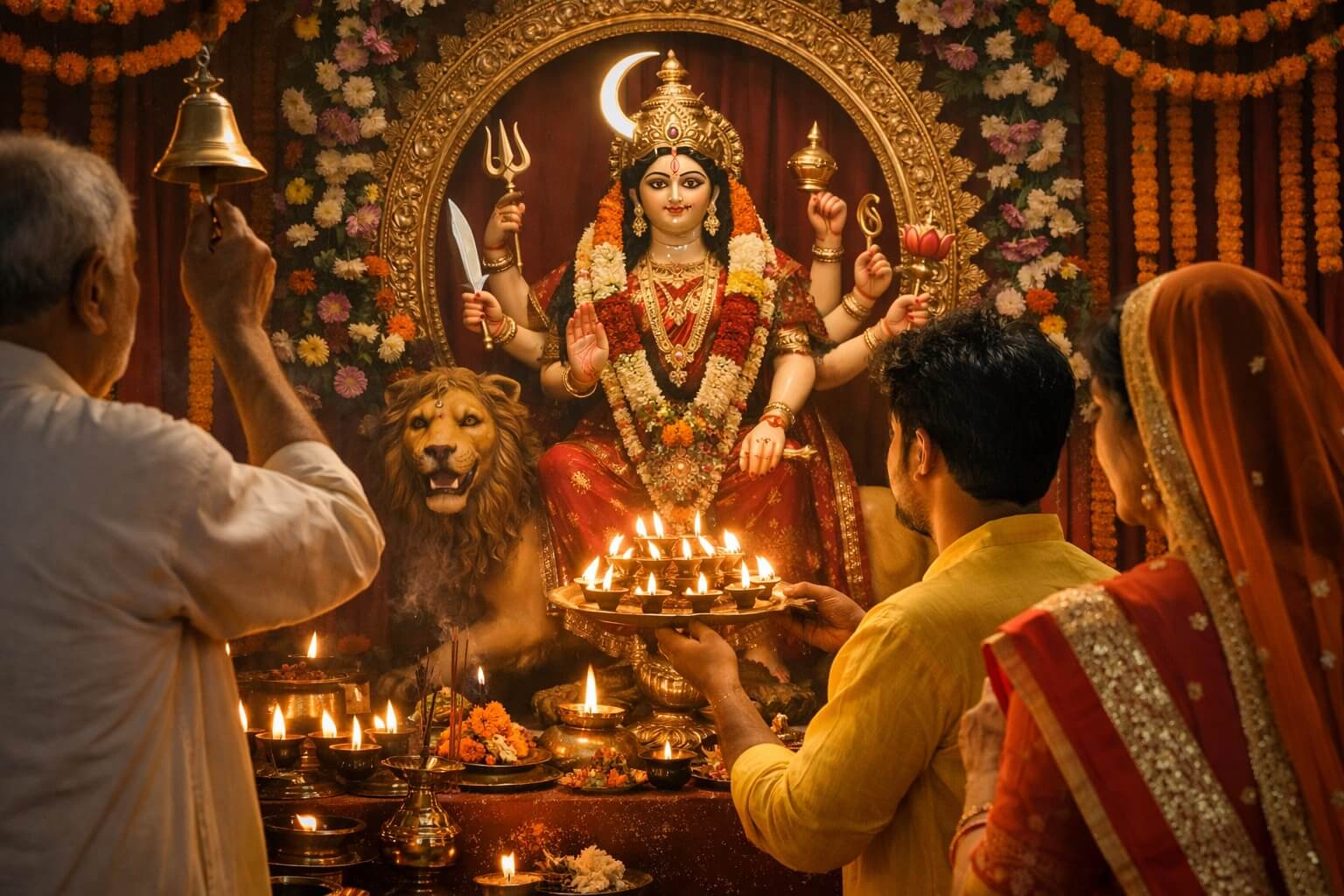 नवरात्रि में मां चंद्रघंटा की आरती करते भक्त