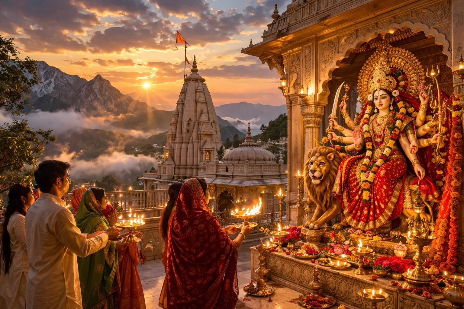 माँ अंबा , माँ दुर्गा की आरती करते हुए भक्तों का दृश्य