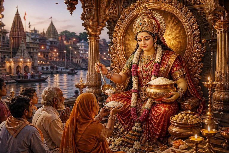 अन्नपूर्णा माता की आरती के दौरान अन्न का पात्र धारण किए देवी का पवित्र चित्र, घर में समृद्धि और अन्न की कृपा का प्रतीक