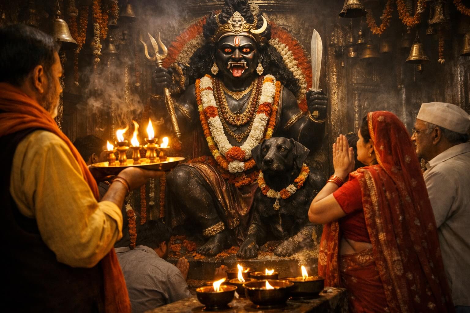 भगवान काल भैरव की आरती करते हुए भक्त और सरसों के तेल का दीपक