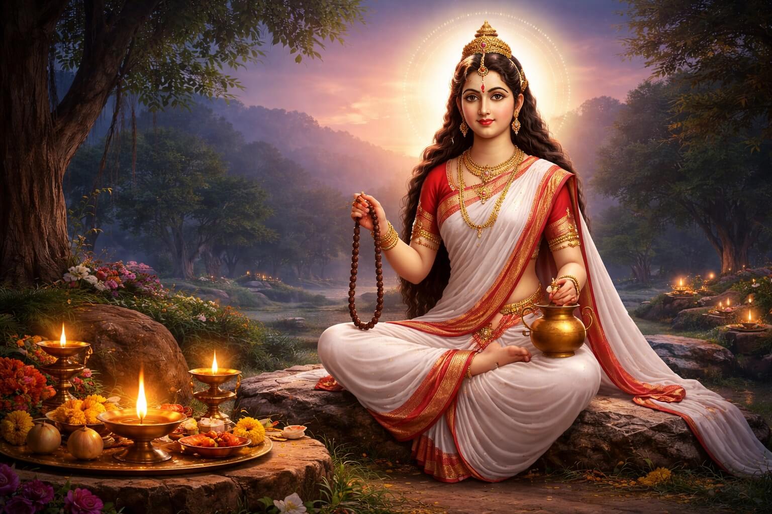 मां ब्रह्मचारिणी की आरती करते हुए भक्त – नवरात्रि पूजा