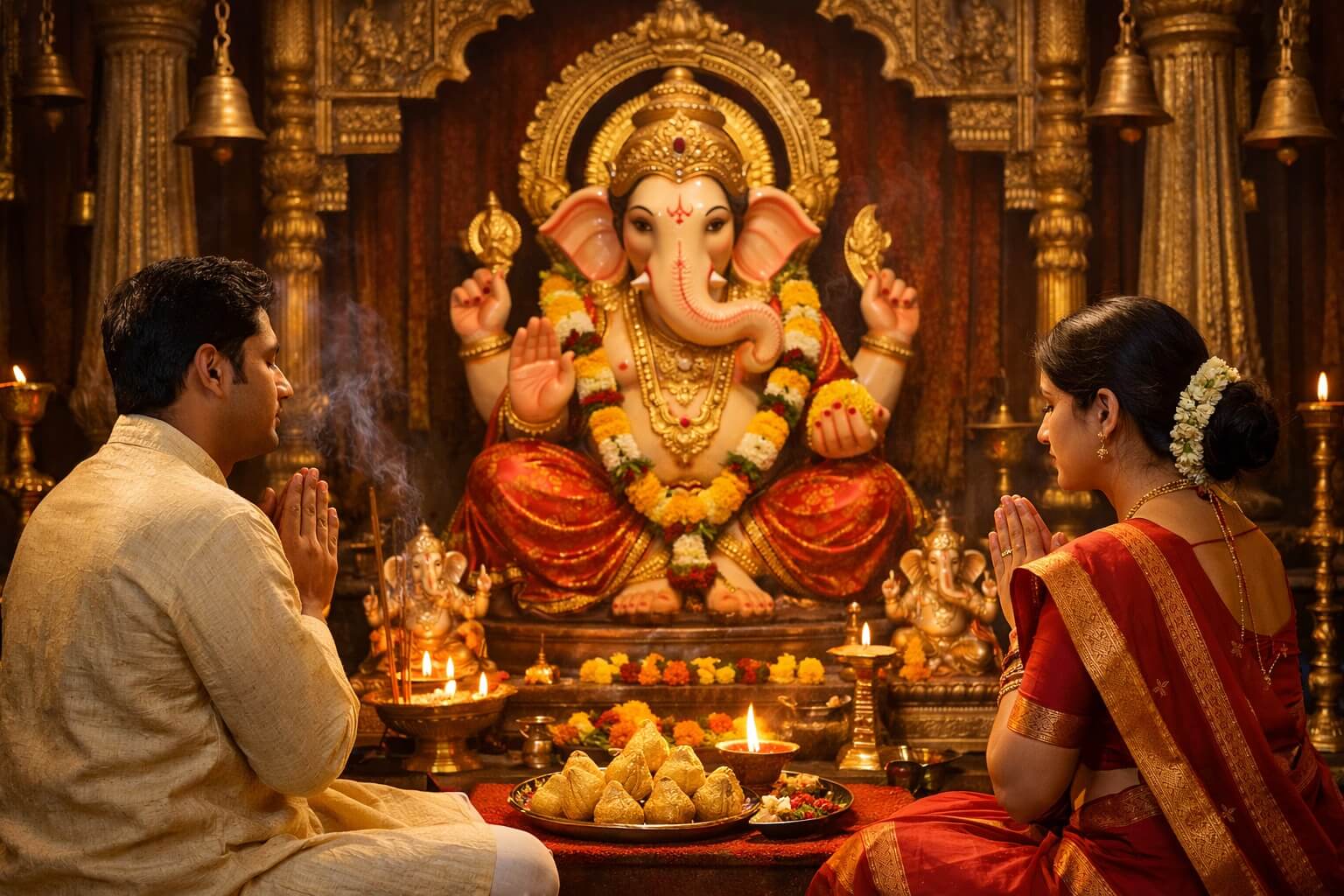 भगवान गणेश की पूजा करते हुए भक्त और गणेश मंत्र जप