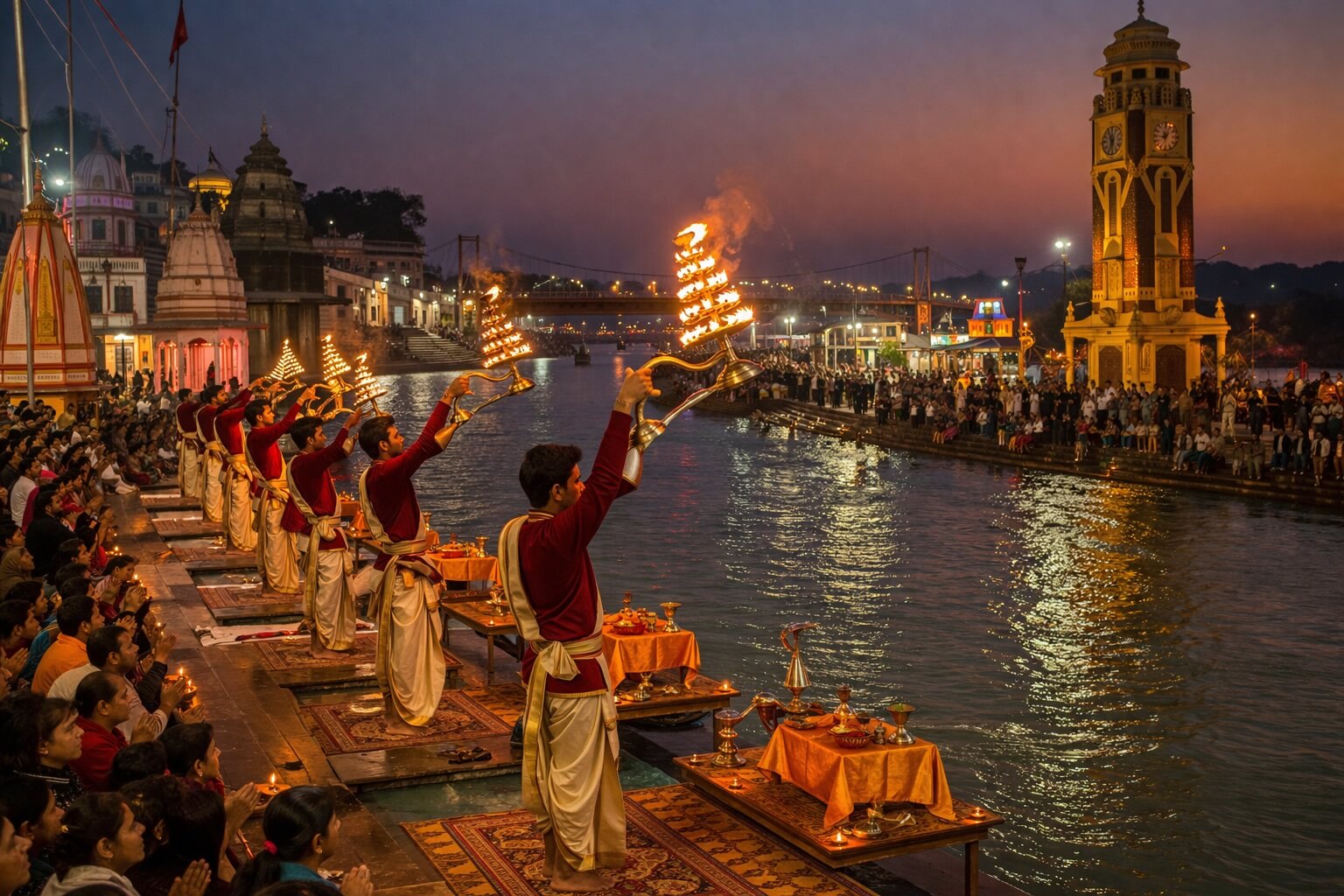 हरिद्वार घाट पर शाम की भव्य गंगा आरती का दृश्य