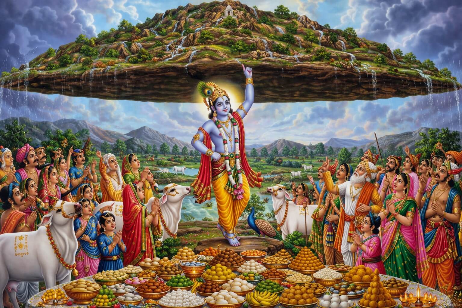 गोवर्धन जी की आरती और गोवर्धन पूजा का दृश्य