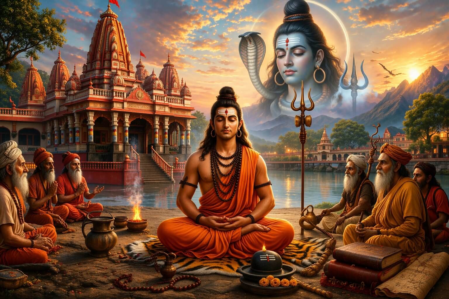 गुरु गोरखनाथ ध्यान मुद्रा में गोरखनाथ मंदिर और योगी परंपरा का चित्र