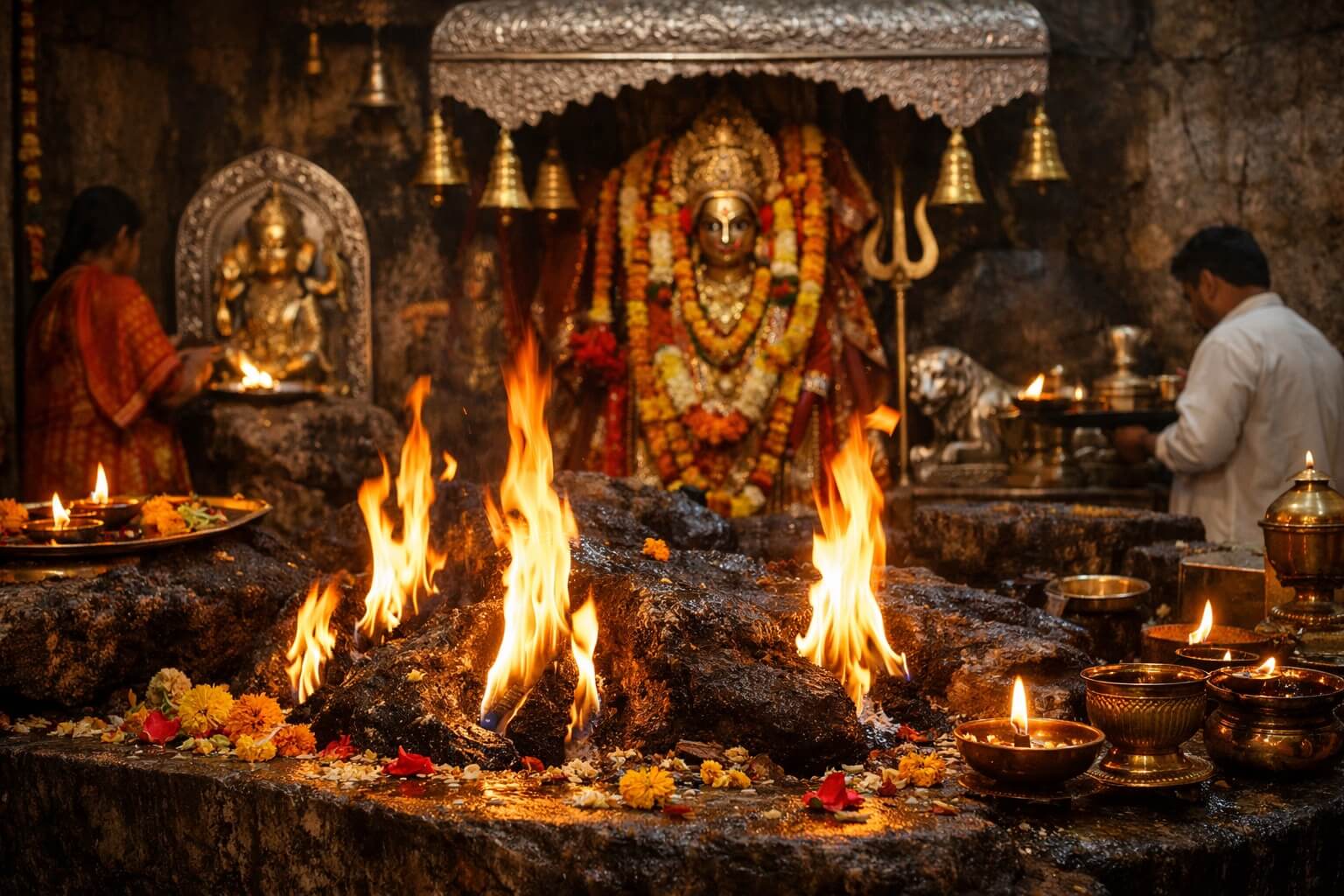 ज्वाला देवी मंदिर में जलती दिव्य ज्योति और भक्त आरती करते हुए