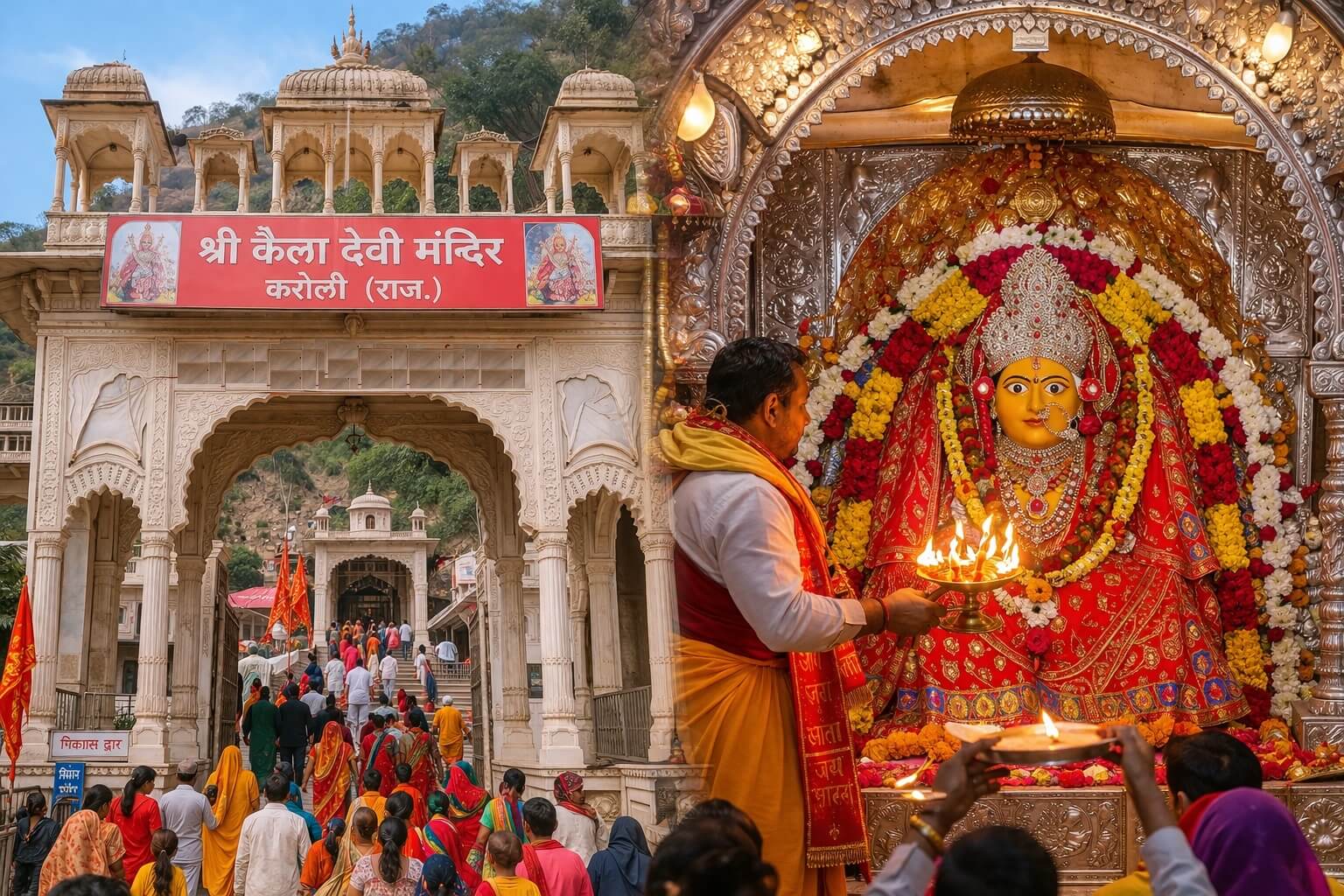 कैला देवी की आरती करते भक्त और करौली स्थित कैला देवी मंदिर