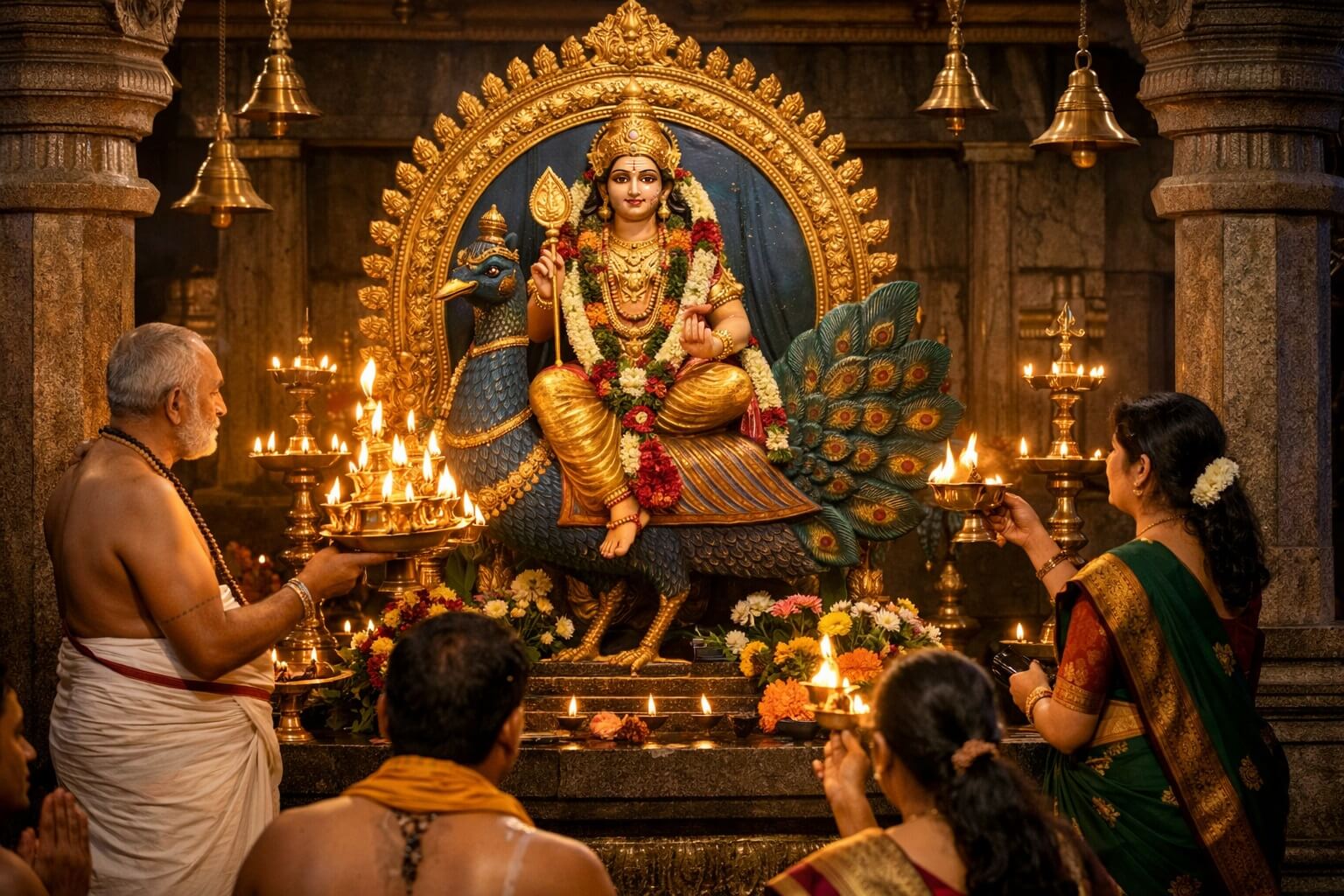 भगवान कार्तिकेय की आरती करते हुए भक्त सुब्रह्मण्य भगवान मोर पर विराजमान