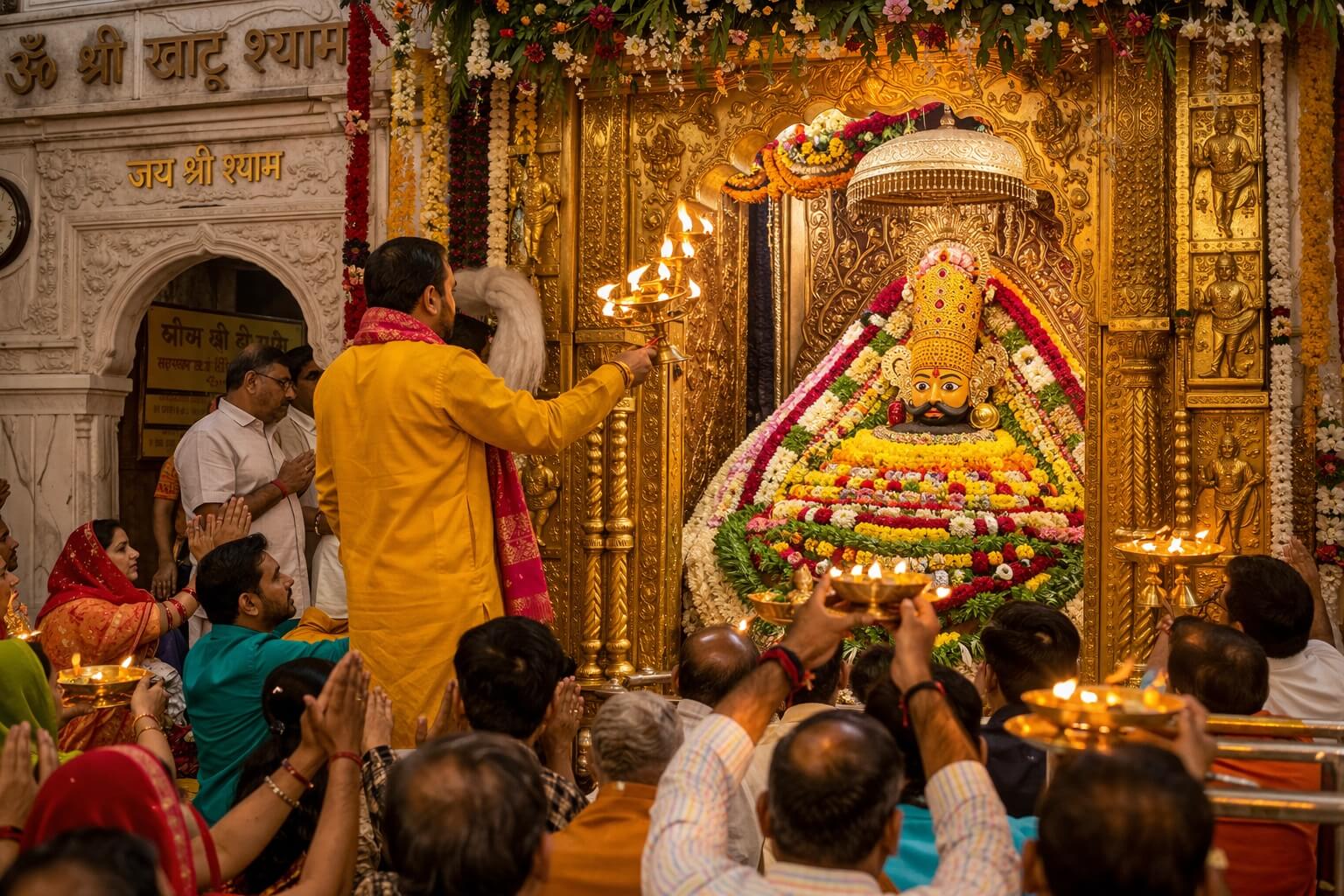 खाटू श्याम जी की आरती करते हुए भक्त और मंदिर में दीपक की रोशनी
