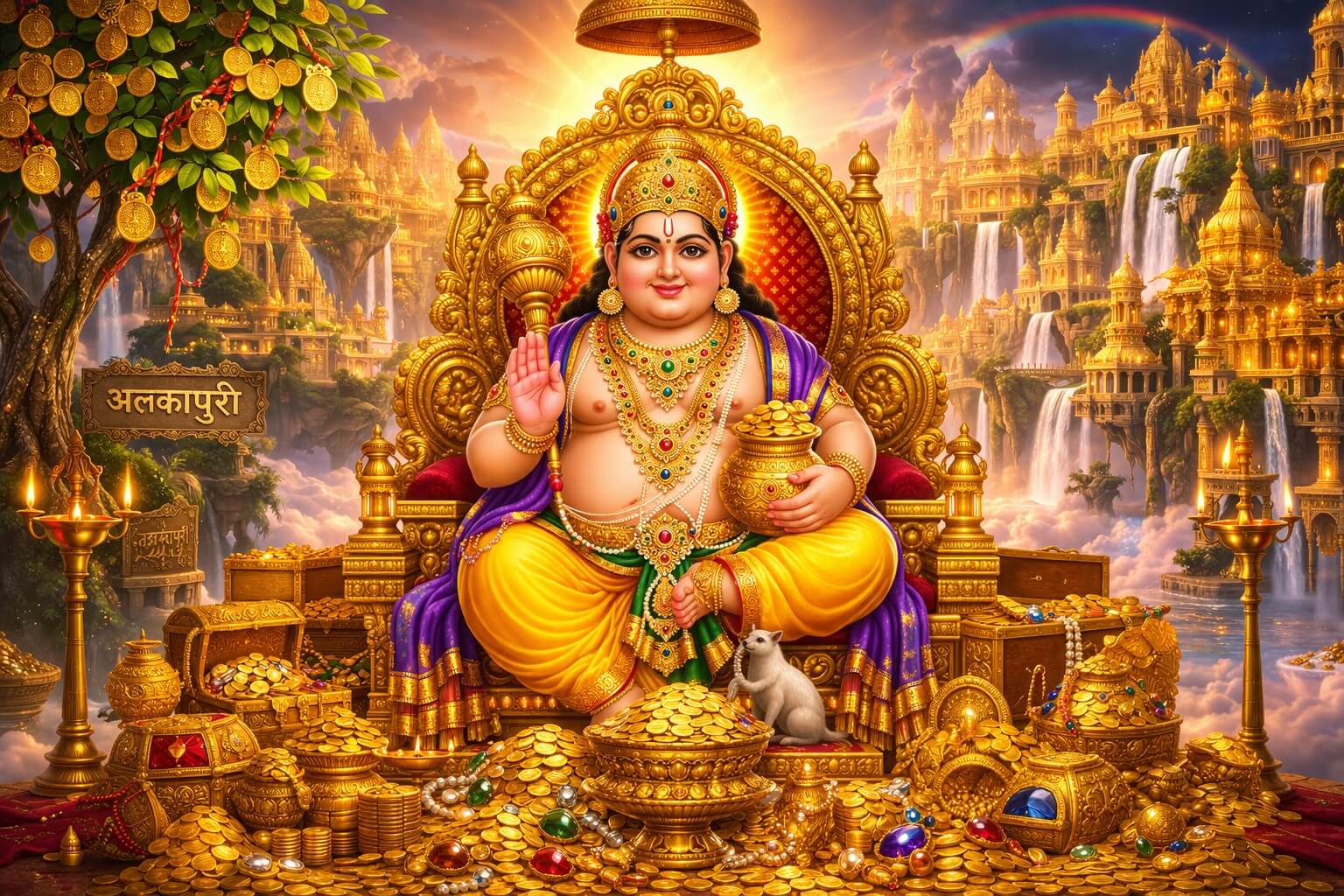 भगवान कुबेर की आरती करते हुए भक्त और स्वर्ण सिंहासन पर विराजमान कुबेर देव