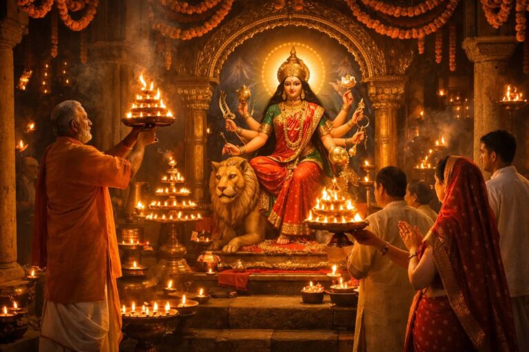 कूष्मांडा मां की आरती करते हुए भक्त और मंदिर में जलते दीपक