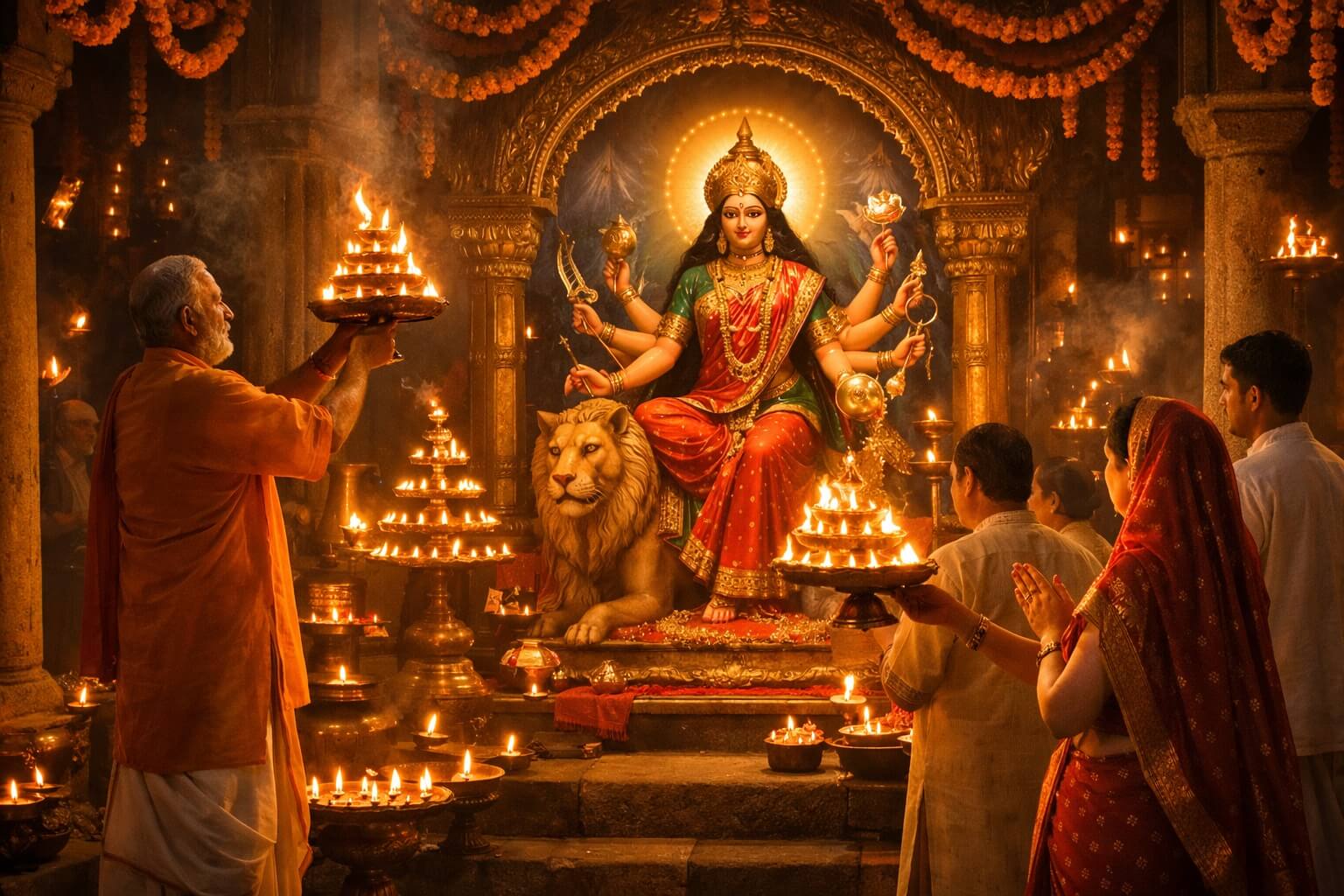 कूष्मांडा मां की आरती करते हुए भक्त और मंदिर में जलते दीपक