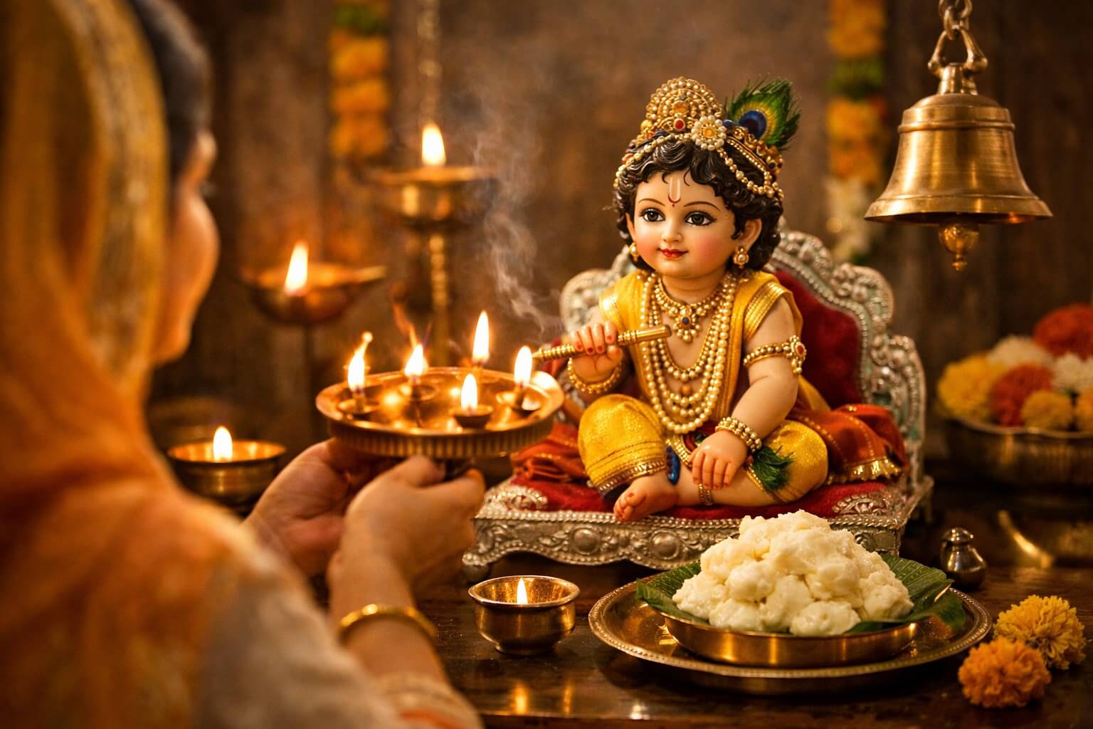 लड्डू गोपाल जी की आरती करते हुए भक्त