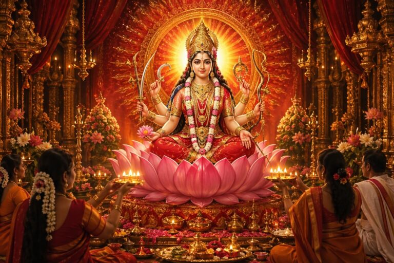 ललिता माता की आरती करते हुए श्रद्धालु, त्रिपुर सुंदरी का दिव्य स्वरूप