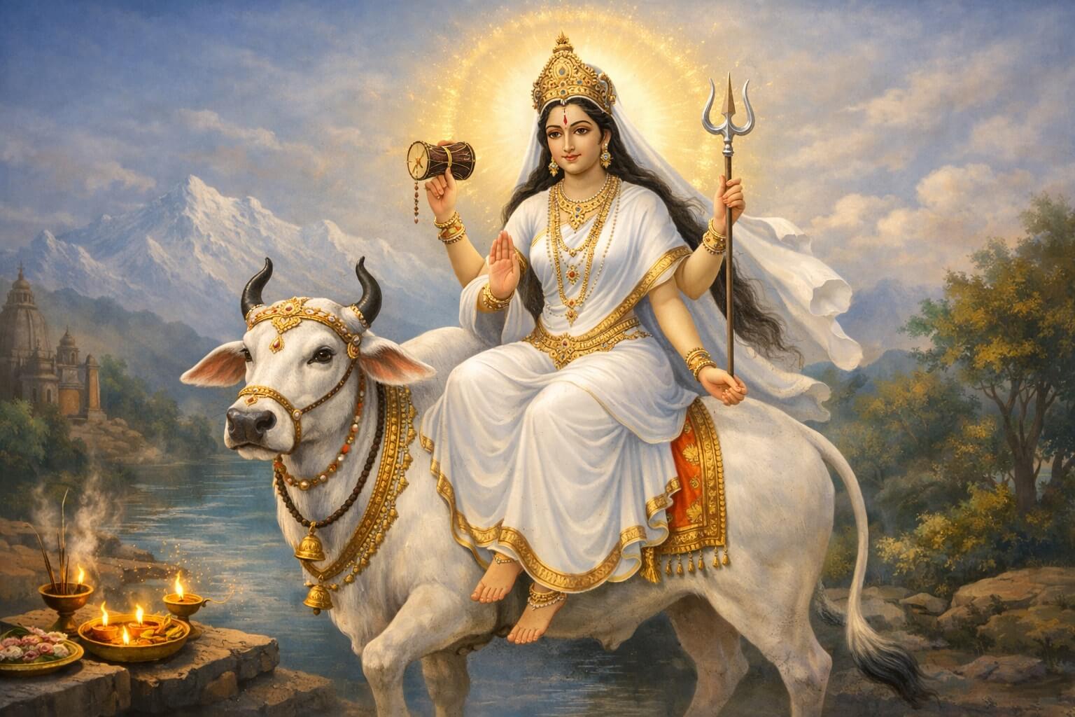 महागौरी मां की आरती करते हुए भक्त – देवी दुर्गा का आठवां स्वरूप