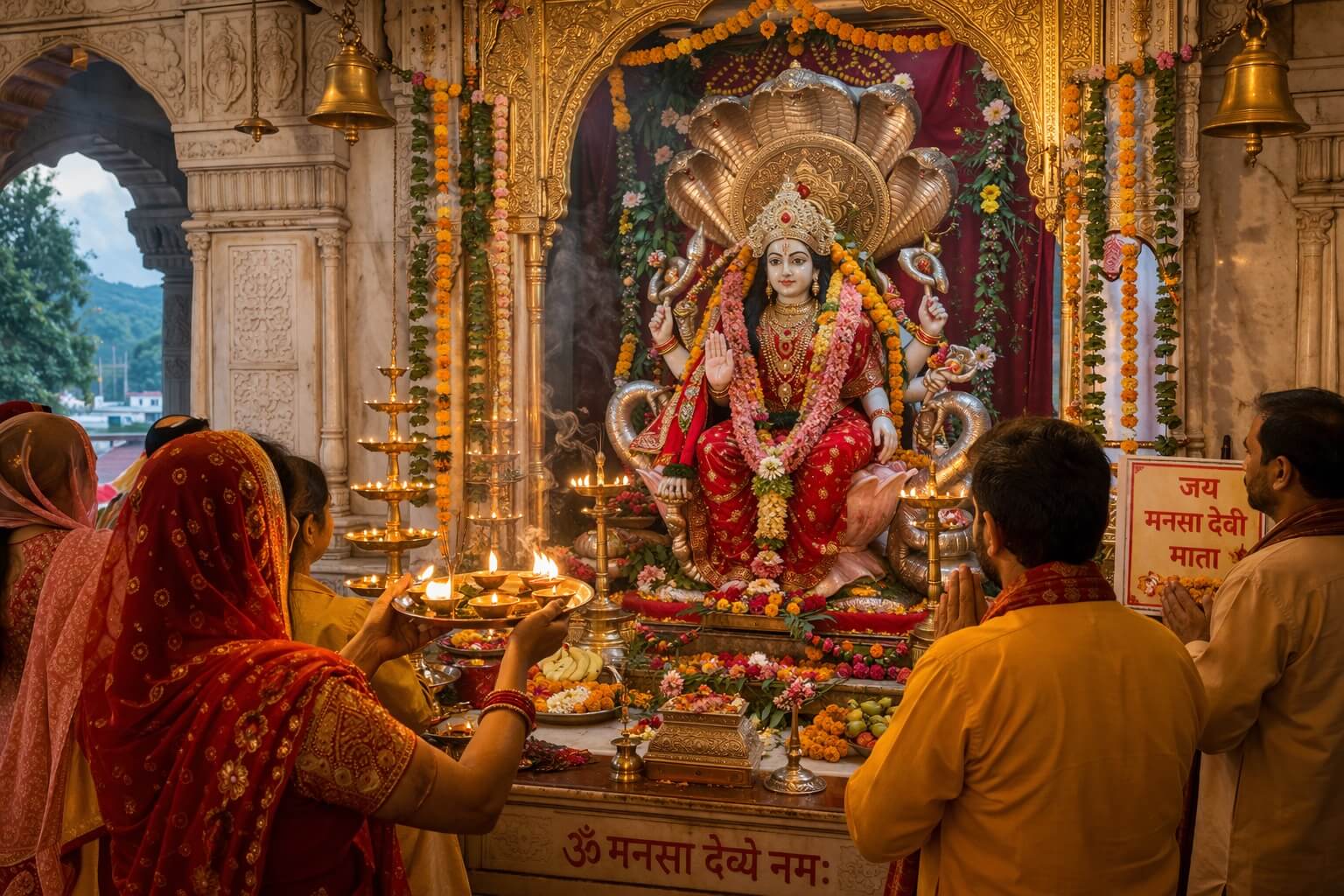 मां मनसा देवी की आरती करते हुए भक्त