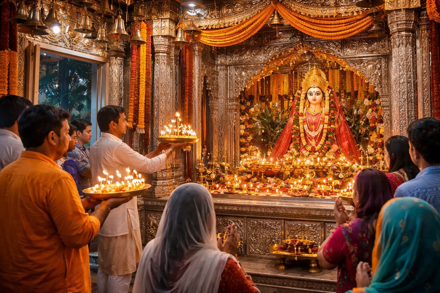 नैना देवी मंदिर में भक्त आरती करते हुए