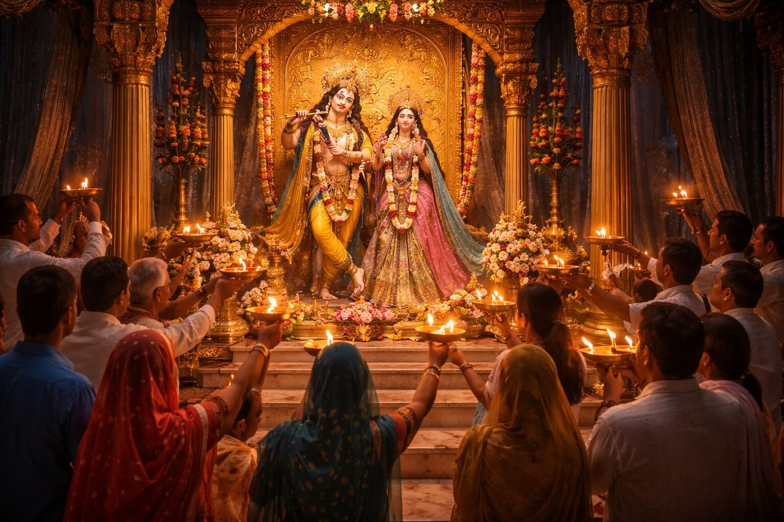 राधा रानी की आरती करते हुए भक्त और दीपक