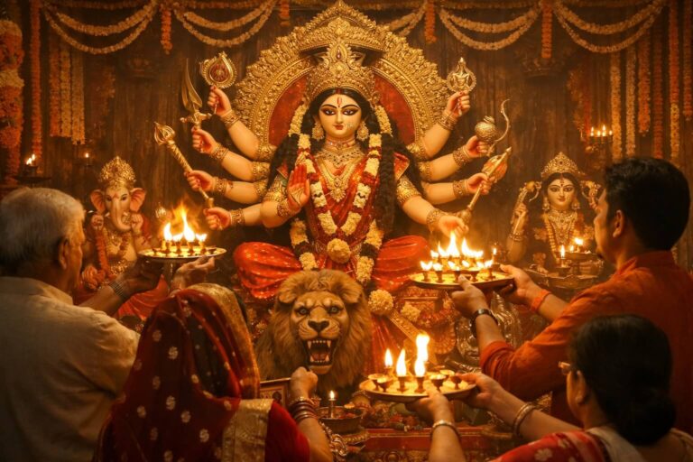 नवरात्रि में मां शैलपुत्री की पूजा करते हुए भक्त