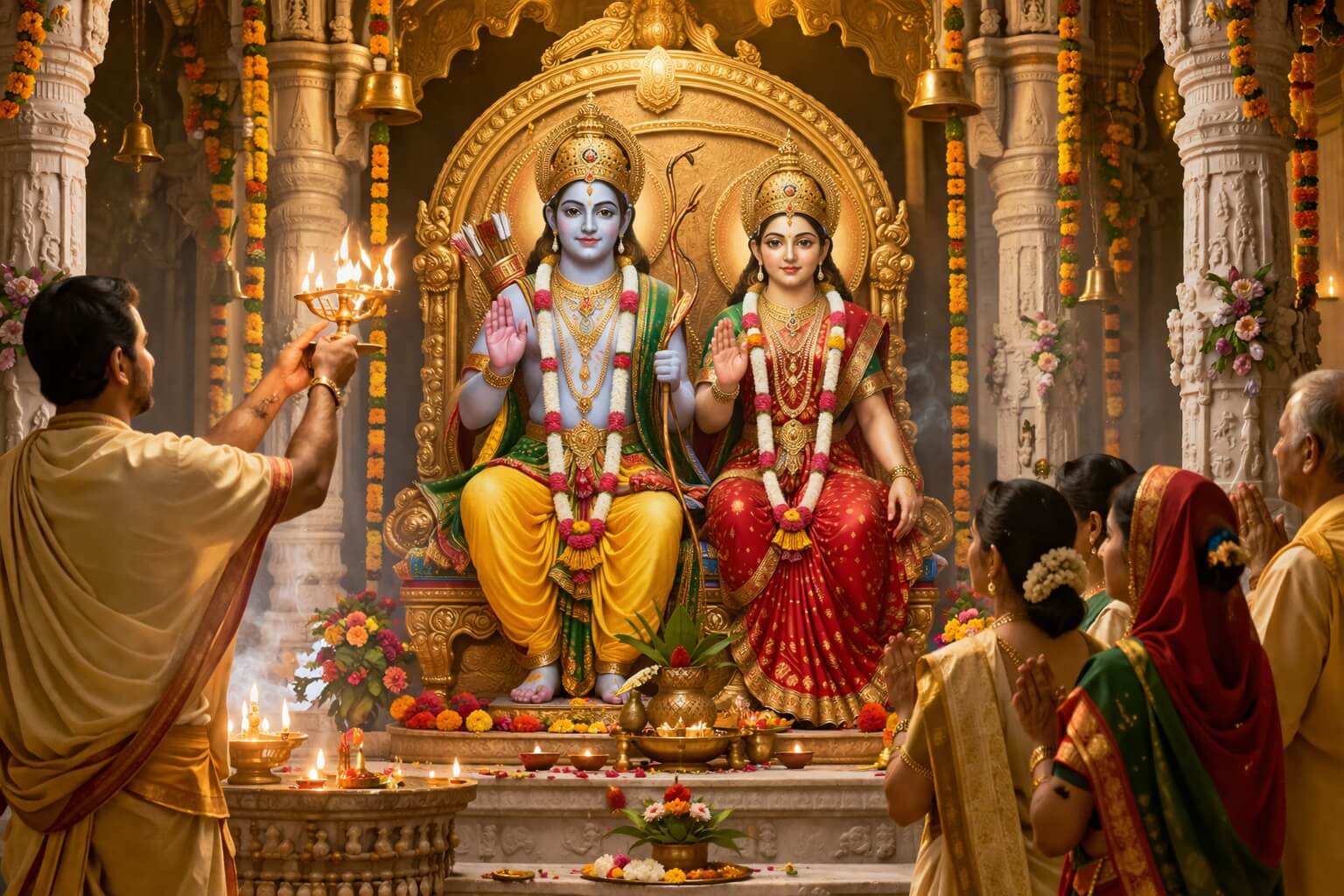 सीता माता और श्रीराम का मंदिर में आरती करते हुए चित्र