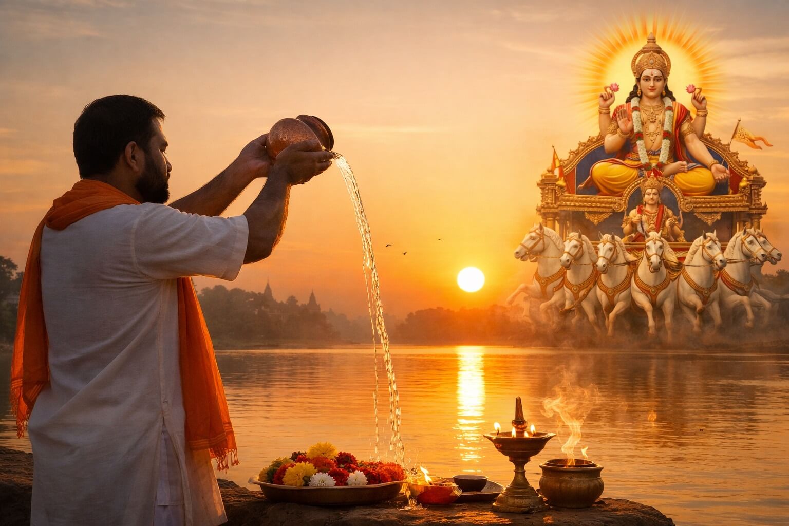 सूर्य देव की आरती करते हुए भक्त और सूर्योदय के समय सूर्य पूजा