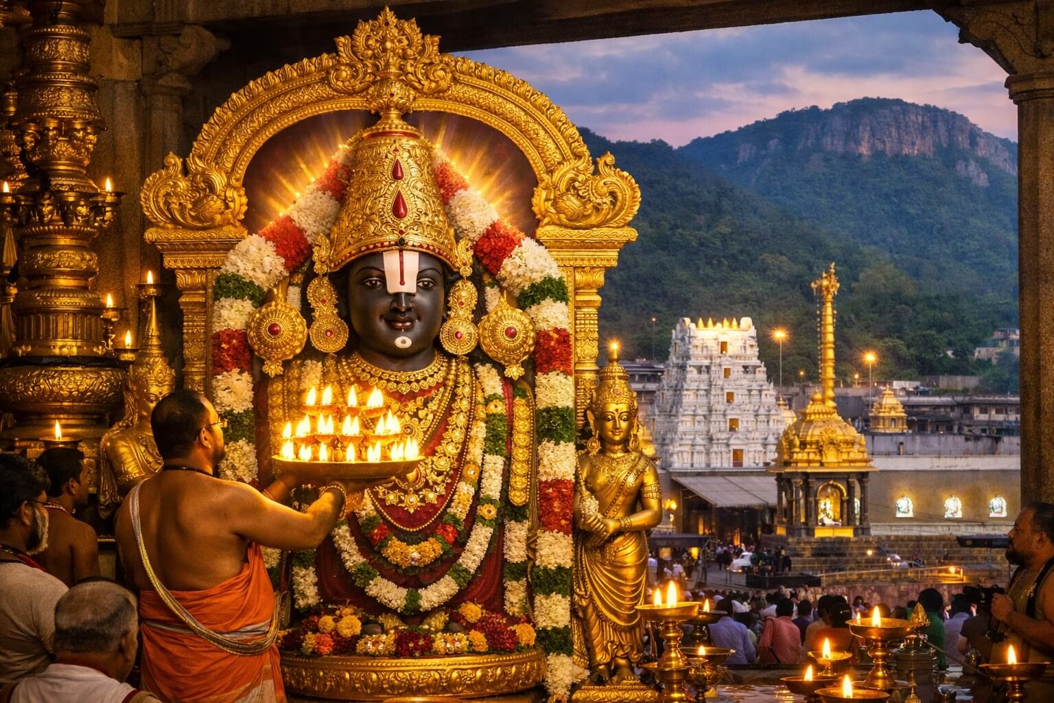 तिरुपति बालाजी मंदिर में भगवान व्यंकटेश की आरती भगवान व्यंकटेश की मूर्ति पर दीप आरती तिरुमला पर्वत का दृश्य