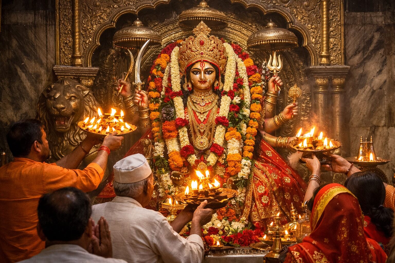 विन्ध्येश्वरी माता की आरती करते भक्त और सजी हुई देवी की मूर्ति