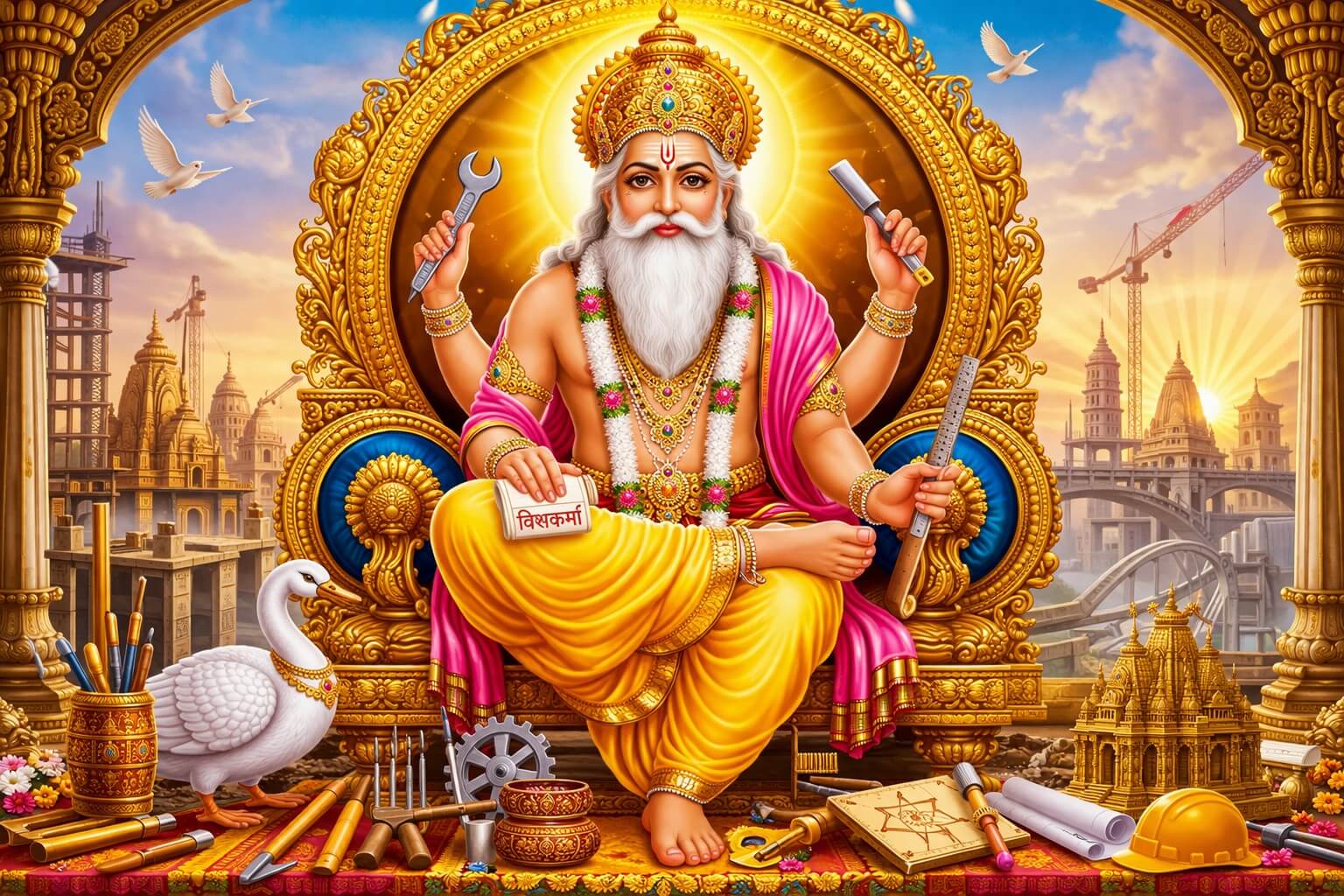 भगवान विश्वकर्मा की आरती करते हुए भक्त और शिल्पी देव की मूर्ति