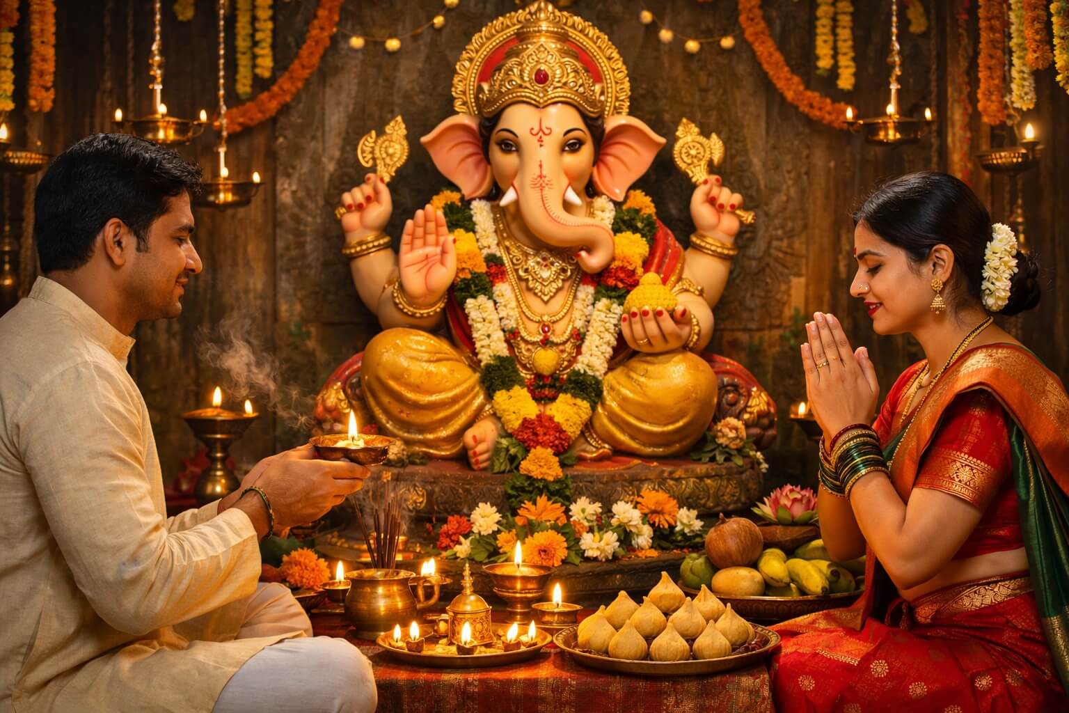 भगवान गणेश की मूर्ति के सामने दीपक और मोदक के साथ पूजा करते हुए पति पत्नी