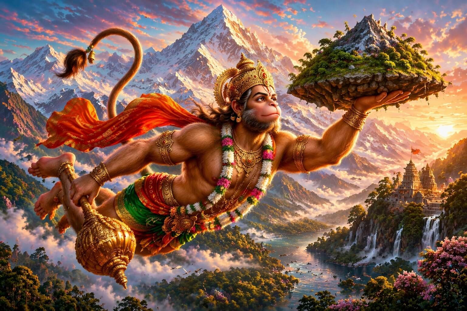 हनुमान जी संजीवनी पर्वत लेकर उड़ते हुए