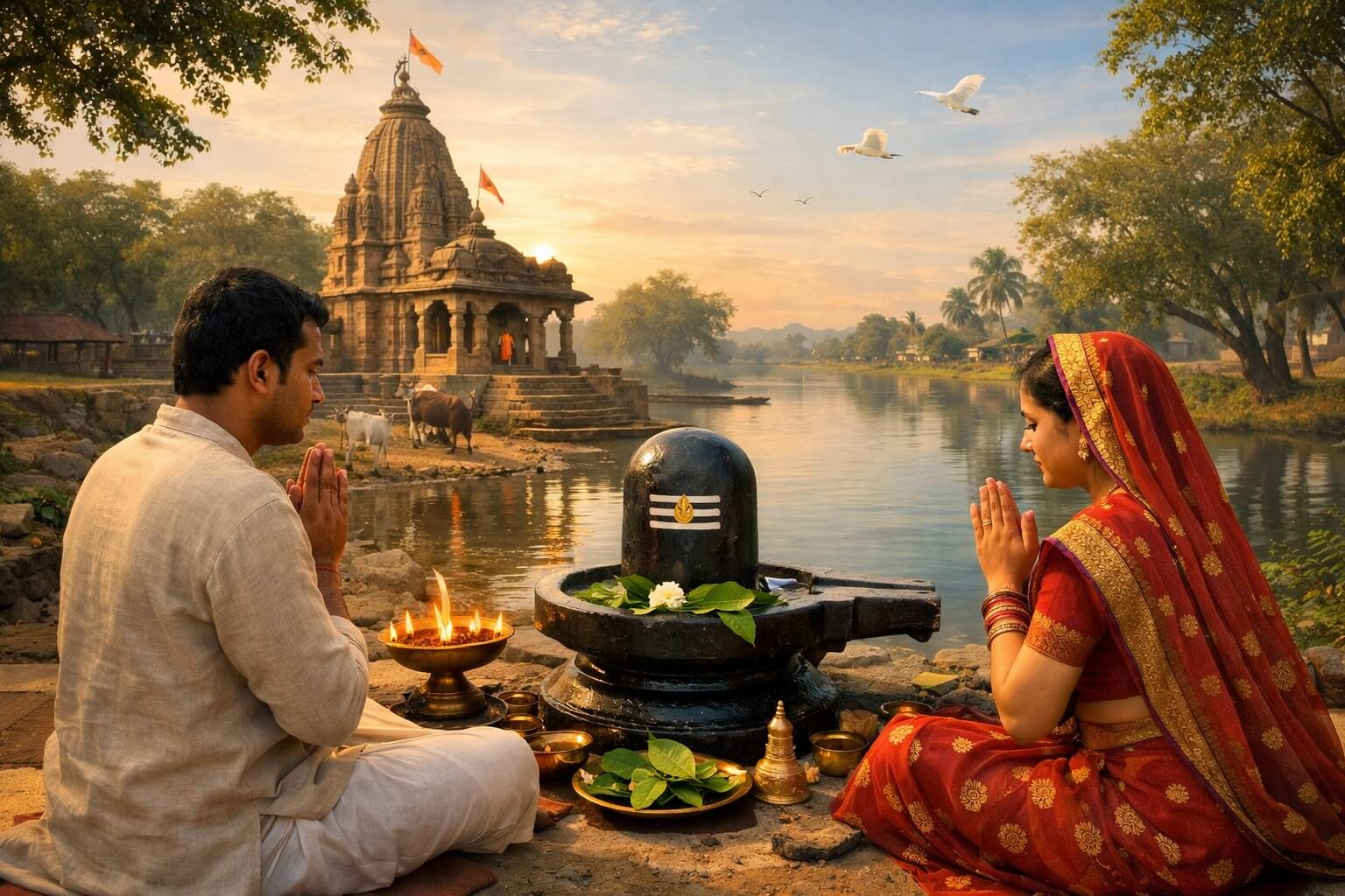 शिवलिंग के सामने दीपक और बेलपत्र के साथ भगवान शिव की पूजा करते हुए पति-पत्नी