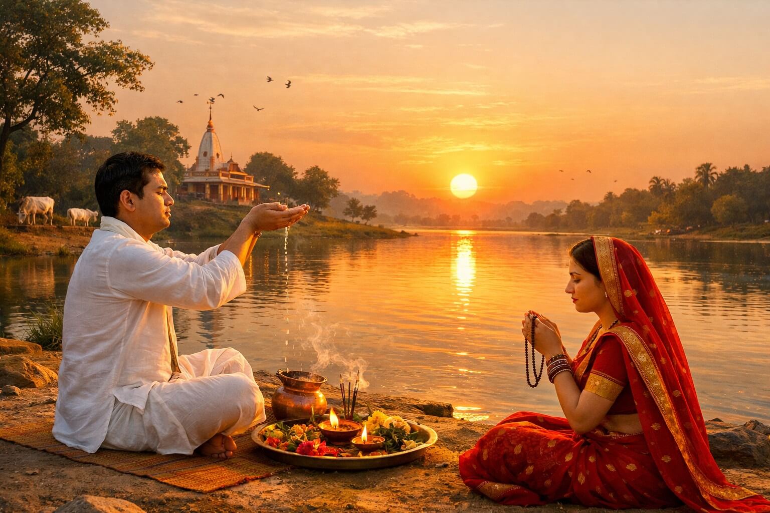 सूर्योदय के समय नदी किनारे सूर्य को अर्घ्य देते हुए गायत्री मंत्र जप करते हुए पति-पत्नी