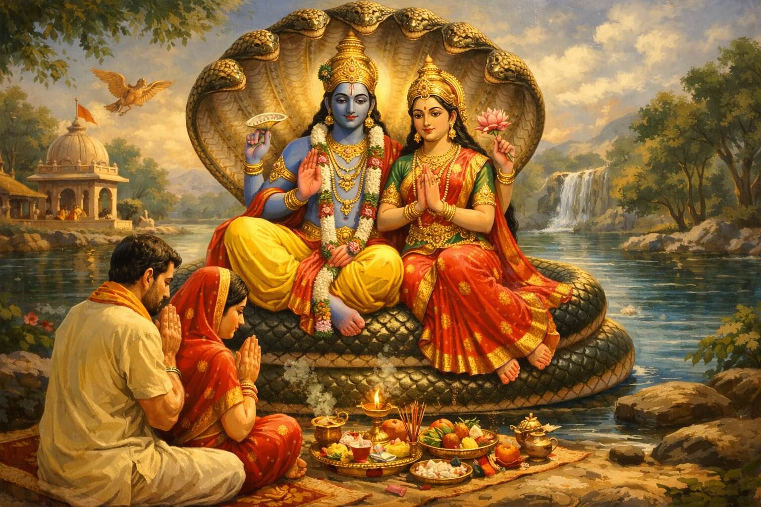 शेषनाग पर विराजमान भगवान विष्णु और माता लक्ष्मी की पूजा करते हुए पति-पत्नी