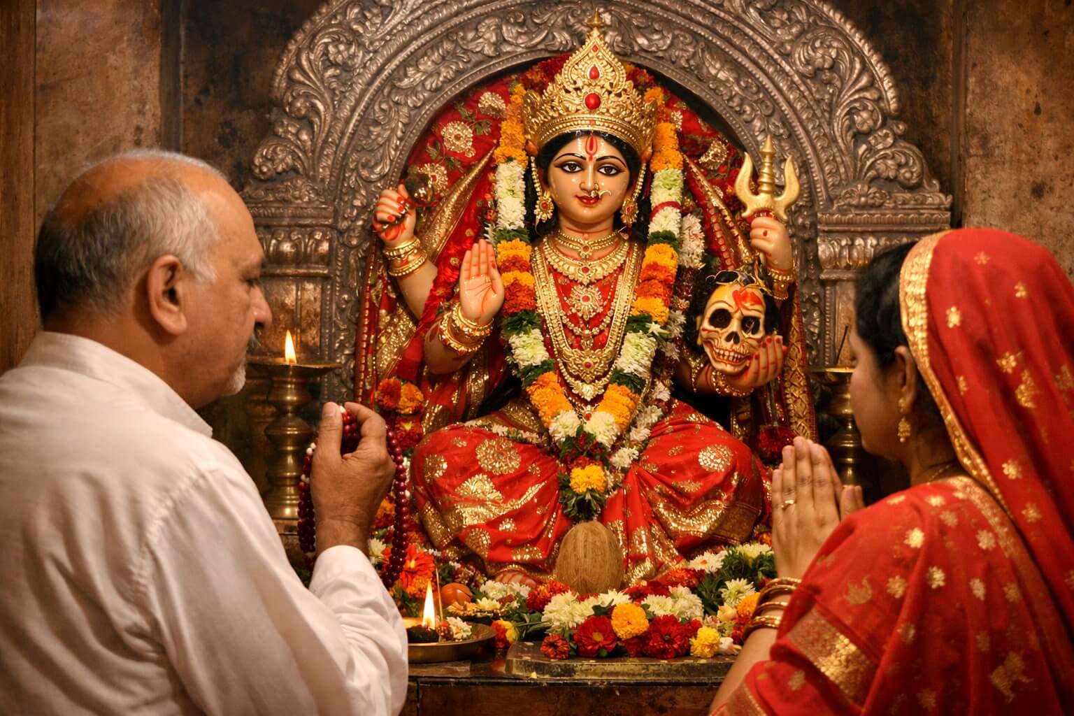 चिंतपूर्णी माता की पूजा करते हुए भक्त और मंत्र जप