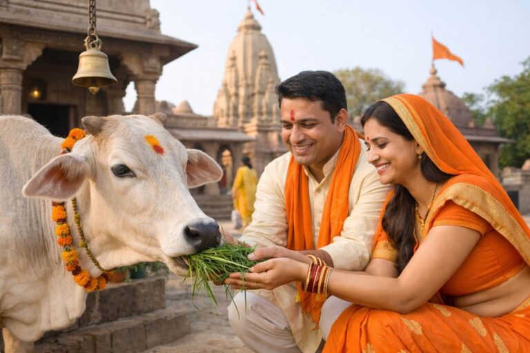 भारतीय मंदिर के पास श्रद्धालु गाय को चारा खिलाते हुए