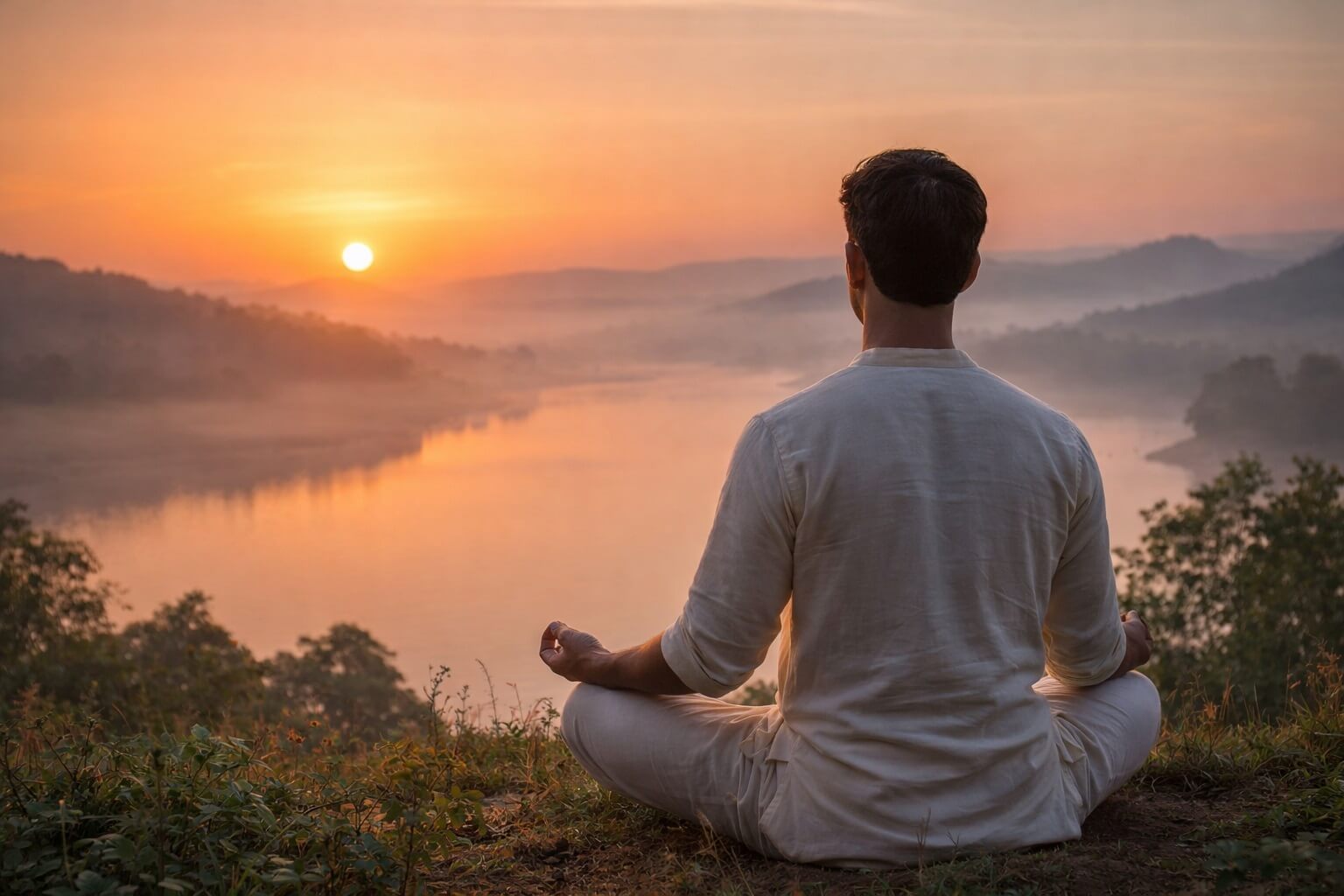 सूर्योदय के समय शांत वातावरण में योग या ध्यान करते हुए व्यक्ति