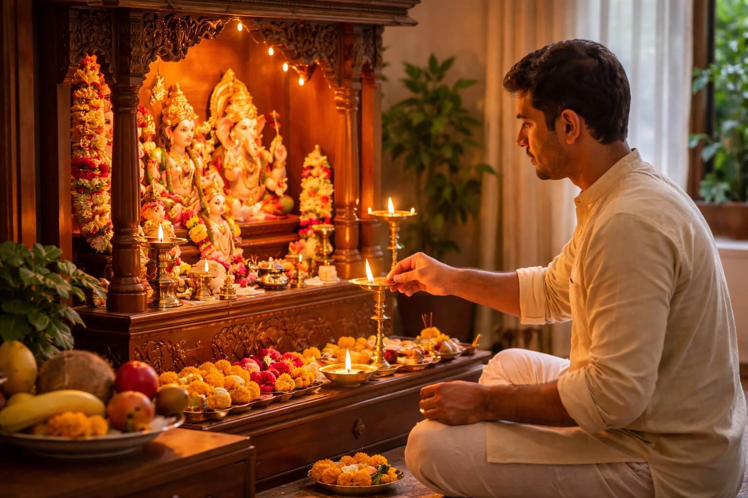घर के मंदिर में दीपक और फूलों के साथ भगवान की पूजा करते हुए व्यक्ति।
