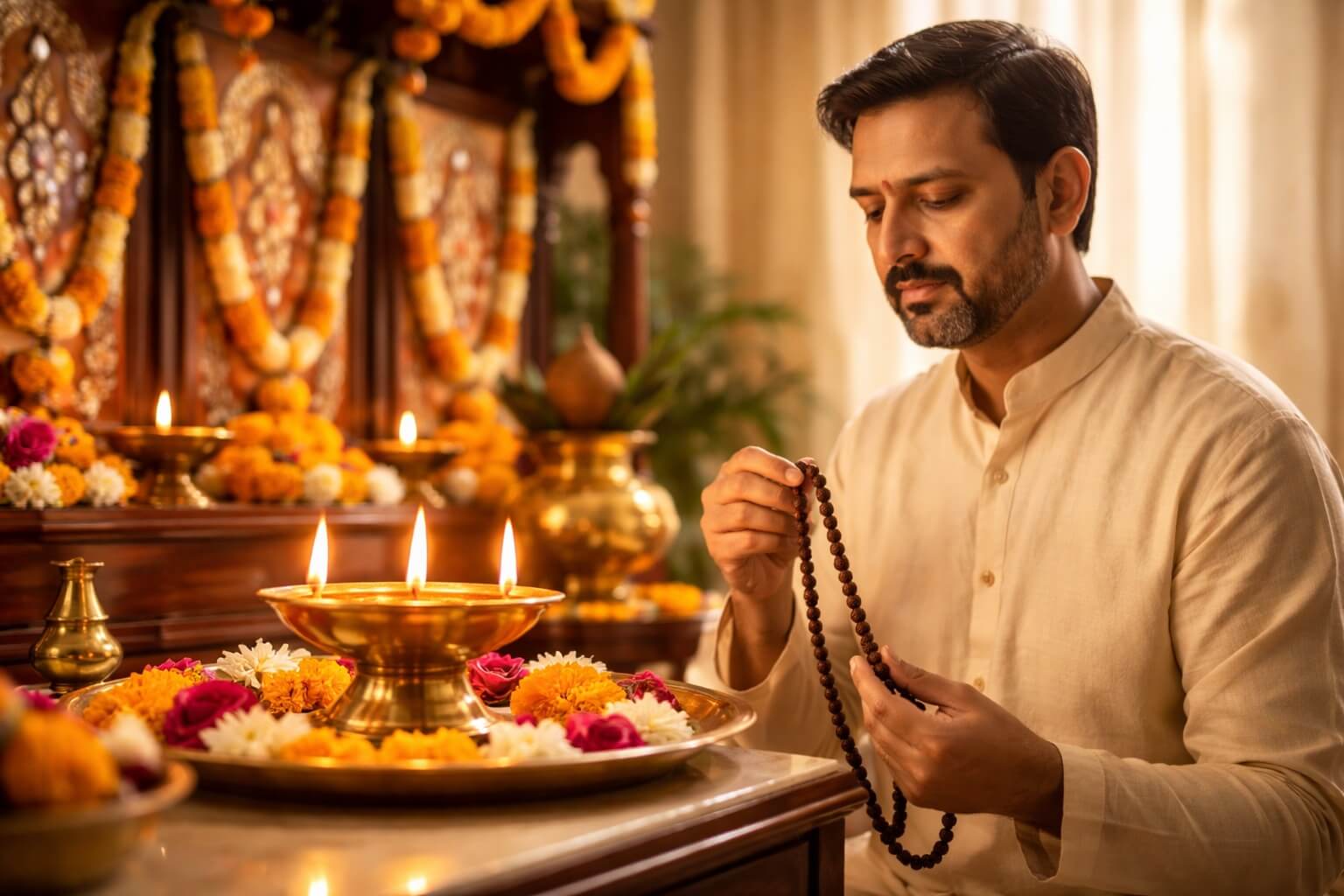 पूजा के समय माला के साथ मंत्र जप करते हुए व्यक्ति और सामने जलता हुआ दीपक।